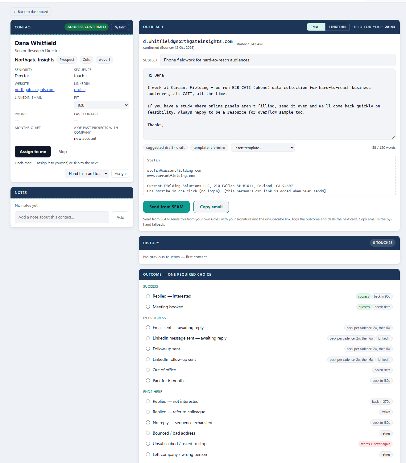 A contact card with a Back to dashboard button above it: the left column with name, title, company, badges for status, tier and wave, the details grid with a Fit dropdown, Assign to me and Skip; the right column with the Outreach box on the Email tab holding a ready draft, the signature and footer preview, Copy email, History and the Outcome list