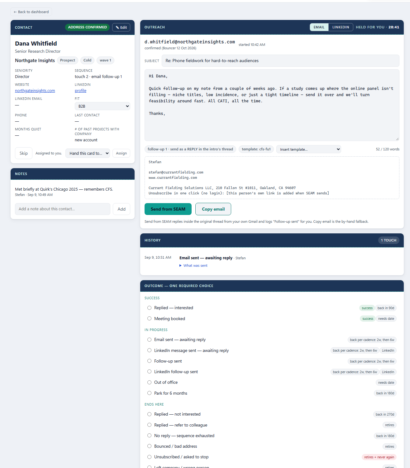 The same card two weeks later: sequence reads touch 2, the Email tab holds follow-up 1 with the subject Re: Phone fieldwork, the note says to reply inside the original thread, and History shows the intro sent