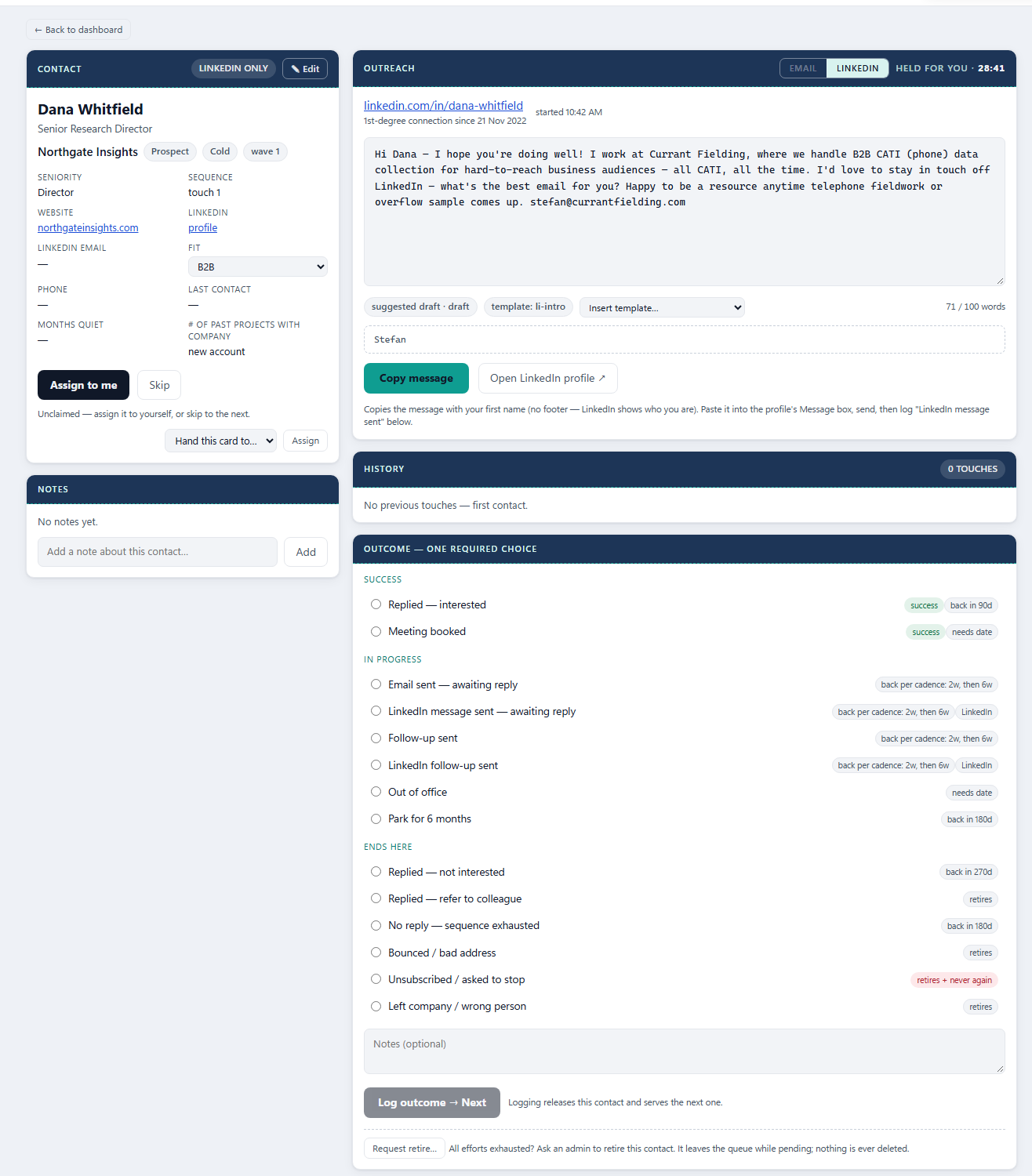 The Outreach box on the LinkedIn tab: the profile link with the connection date, a short message ready, Copy message and Open LinkedIn profile buttons