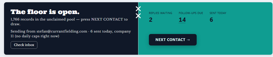 The dashboard banner after connecting: sending from the operator's address, today's count, and a Check inbox button